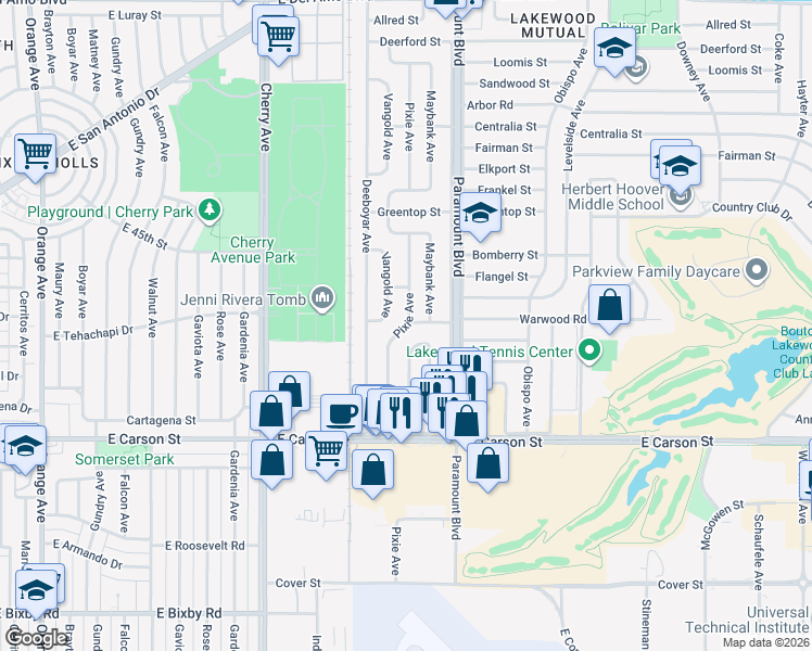 map of restaurants, bars, coffee shops, grocery stores, and more near 4223 Pixie Avenue in Lakewood