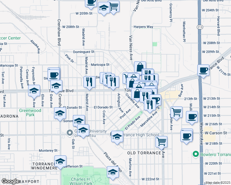map of restaurants, bars, coffee shops, grocery stores, and more near 2154 Torrance Boulevard in Torrance