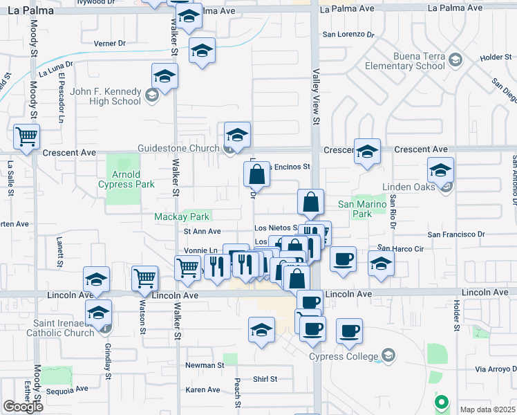 map of restaurants, bars, coffee shops, grocery stores, and more near 8714 Los Altos Drive in Buena Park