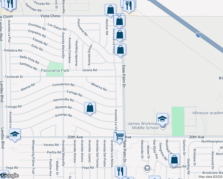 map of restaurants, bars, coffee shops, grocery stores, and more near 68935 Minerva Road in Cathedral City