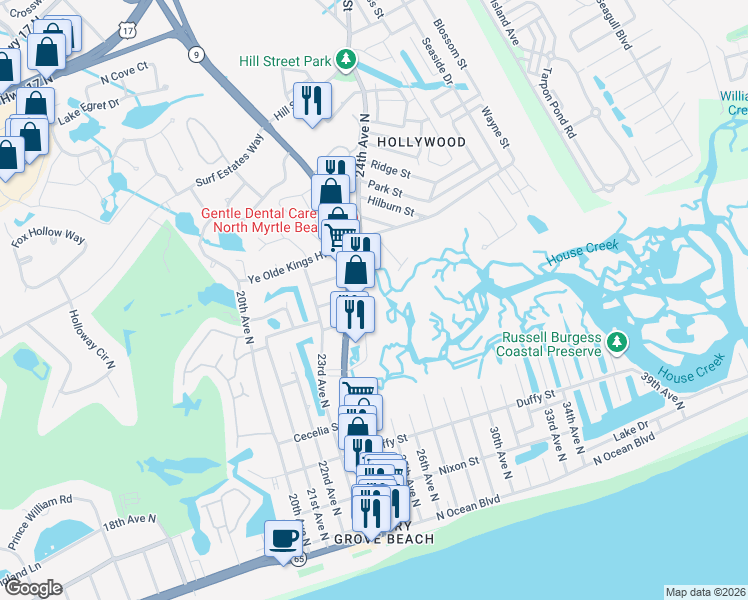 map of restaurants, bars, coffee shops, grocery stores, and more near 624 Creekfront Road in North Myrtle Beach