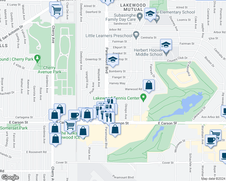 map of restaurants, bars, coffee shops, grocery stores, and more near 2718 Warwood Road in Lakewood