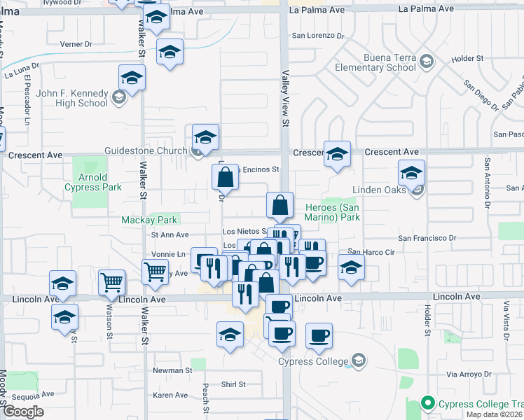 map of restaurants, bars, coffee shops, grocery stores, and more near 5921 Los Ramos Circle in Buena Park