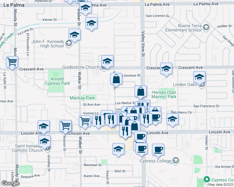 map of restaurants, bars, coffee shops, grocery stores, and more near 8714 Los Altos Drive in Buena Park