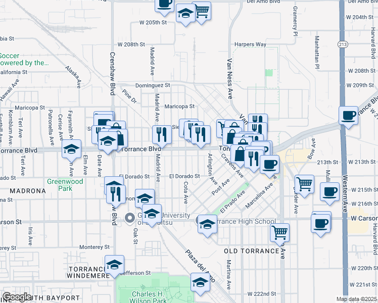 map of restaurants, bars, coffee shops, grocery stores, and more near 2222 Torrance Boulevard in Torrance