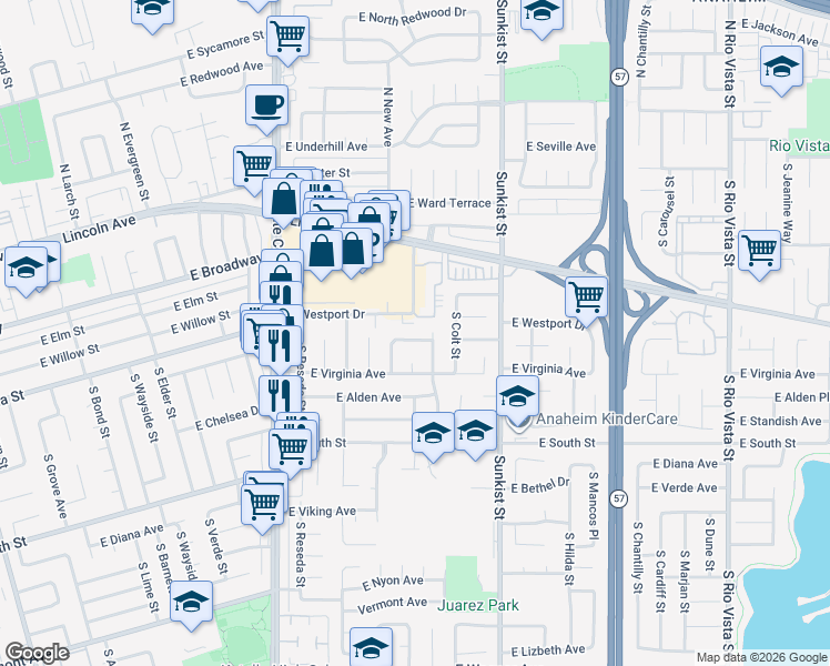 map of restaurants, bars, coffee shops, grocery stores, and more near 523 South Peregrine Street in Anaheim