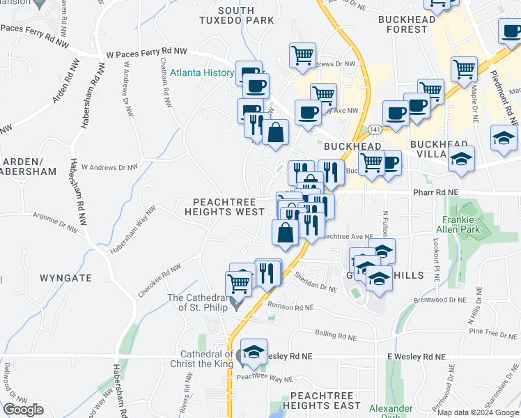 map of restaurants, bars, coffee shops, grocery stores, and more near 2960 Pharr Court South Northwest in Atlanta
