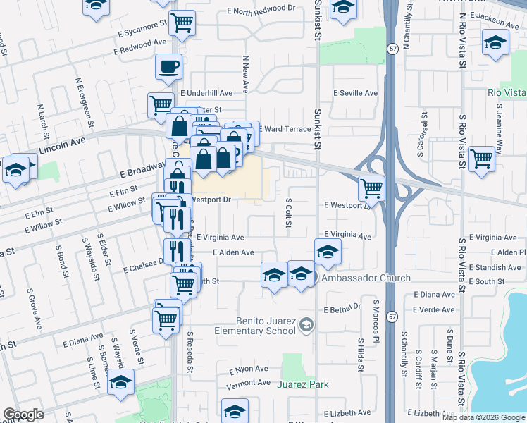 map of restaurants, bars, coffee shops, grocery stores, and more near 523 South Peregrine Street in Anaheim