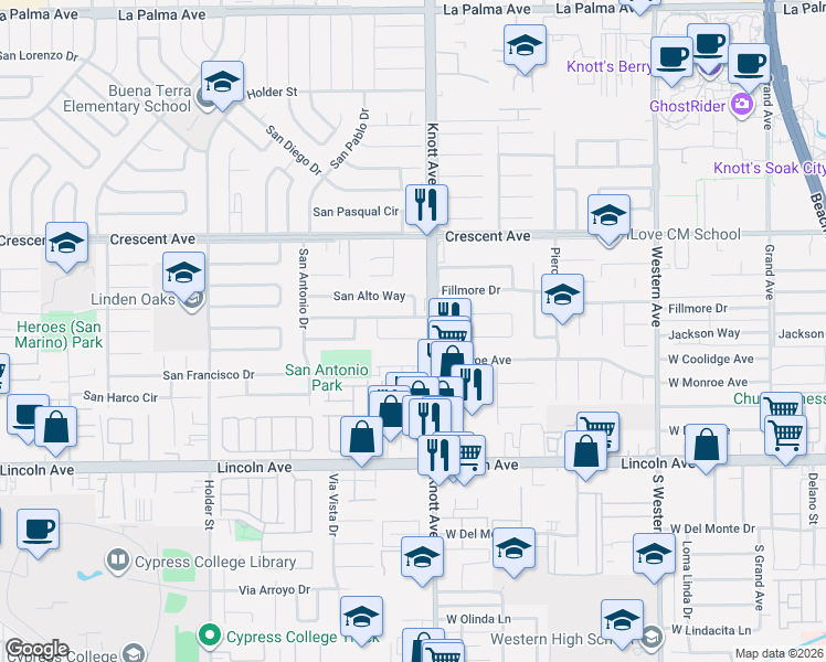 map of restaurants, bars, coffee shops, grocery stores, and more near 6891 Younger Drive in Buena Park