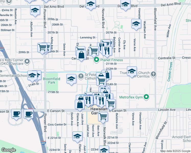 map of restaurants, bars, coffee shops, grocery stores, and more near 21333 Norwalk Boulevard in Hawaiian Gardens