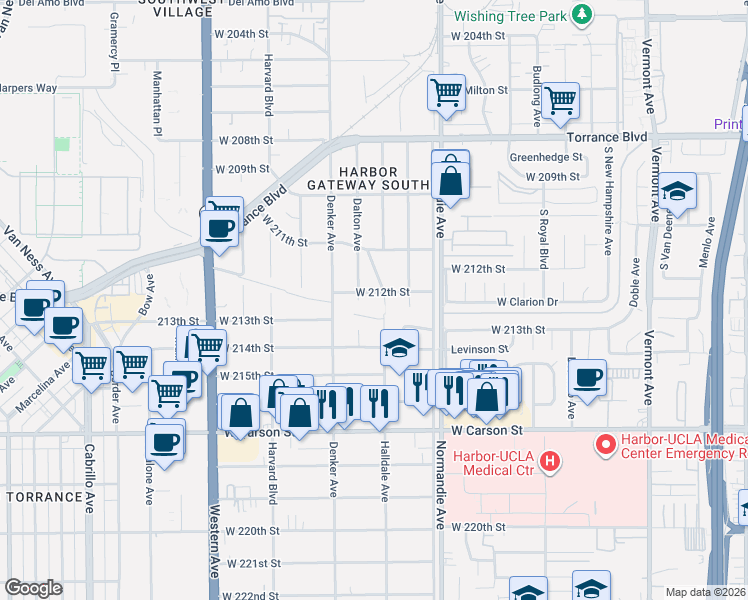 map of restaurants, bars, coffee shops, grocery stores, and more near 21303 Halldale Avenue in Torrance