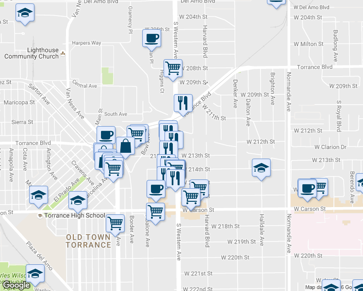 map of restaurants, bars, coffee shops, grocery stores, and more near 1651 West 213th Street in Torrance