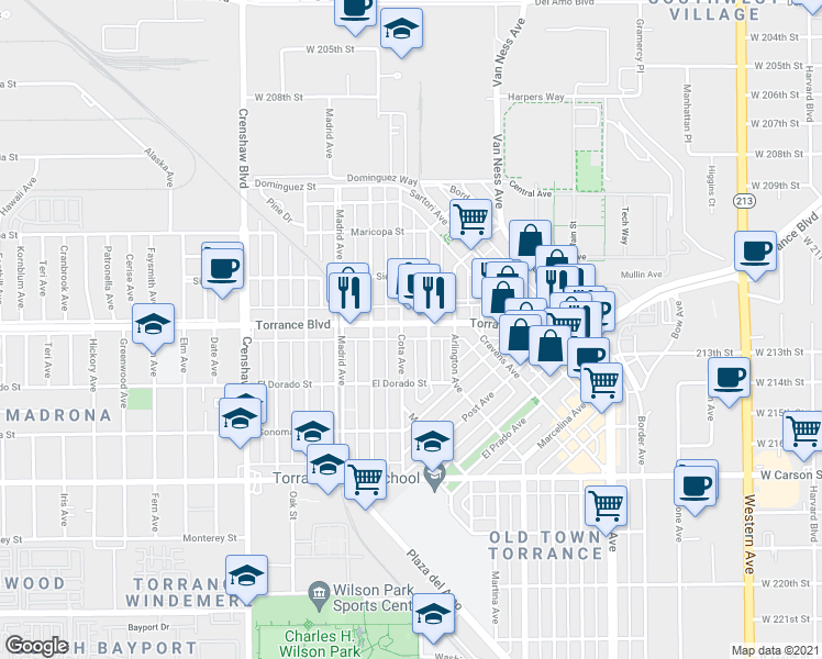 map of restaurants, bars, coffee shops, grocery stores, and more near 1229 Portola Avenue in Torrance