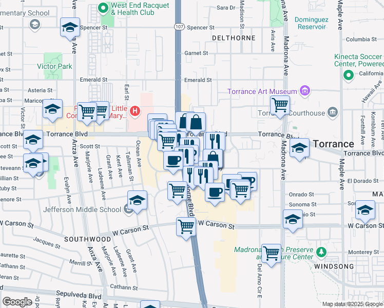 map of restaurants, bars, coffee shops, grocery stores, and more near 21270 Hawthorne Boulevard in Torrance