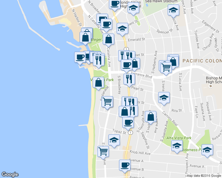 map of restaurants, bars, coffee shops, grocery stores, and more near 420 South Catalina Avenue in Redondo Beach