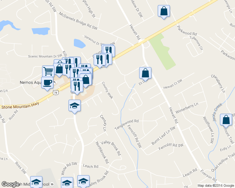 map of restaurants, bars, coffee shops, grocery stores, and more near 3787 Oakland Spring Court in Snellville