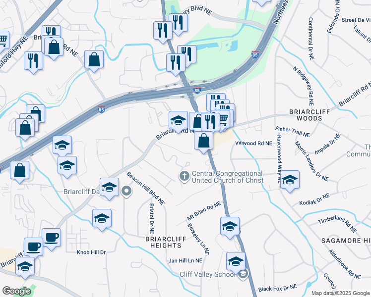 map of restaurants, bars, coffee shops, grocery stores, and more near 1881 Briarcliff Circle in Atlanta