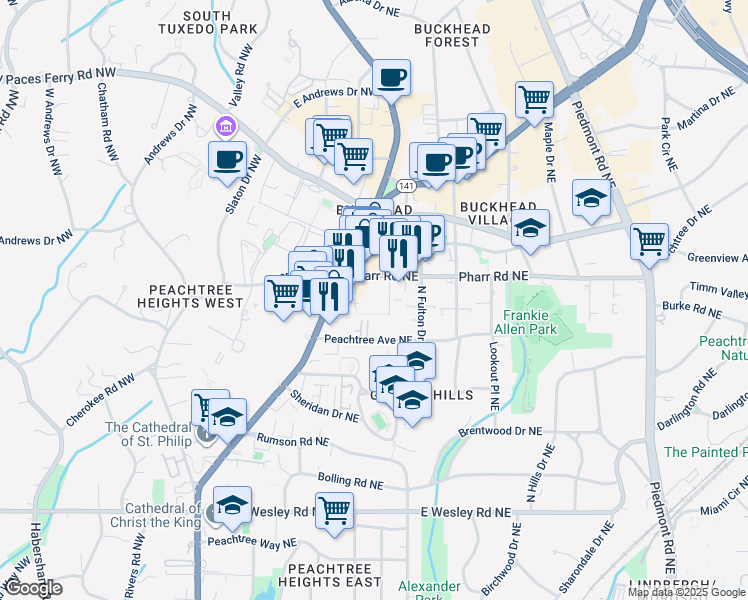 map of restaurants, bars, coffee shops, grocery stores, and more near 32 Peachtree Avenue Northeast in Atlanta