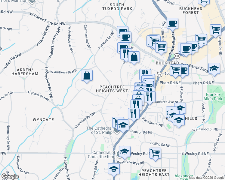 map of restaurants, bars, coffee shops, grocery stores, and more near 1 Slaton Drive Northwest in Atlanta