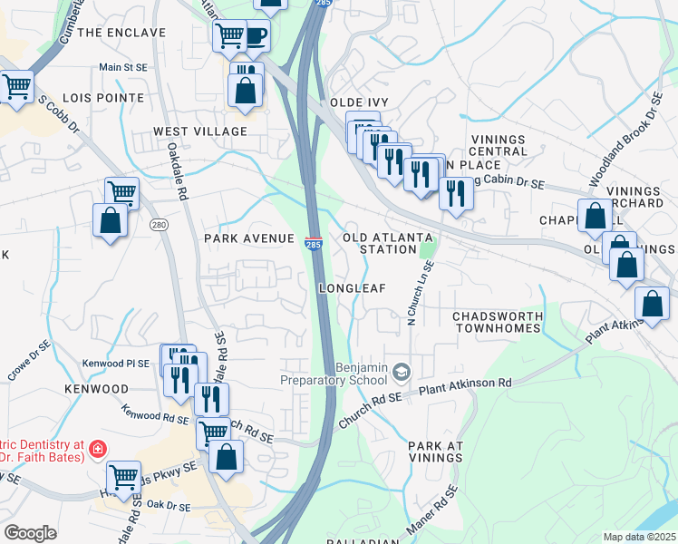 map of restaurants, bars, coffee shops, grocery stores, and more near 2353 Maplewood Court in Atlanta