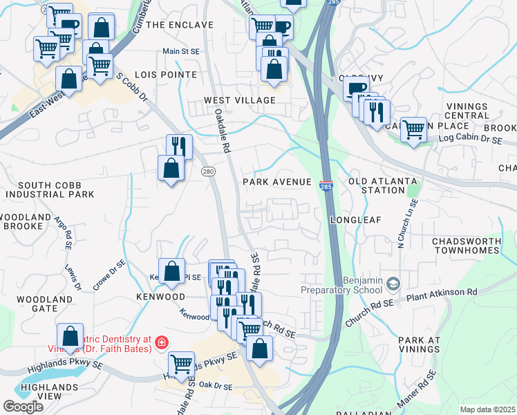 map of restaurants, bars, coffee shops, grocery stores, and more near 2150 Wylmoor Way in Smyrna