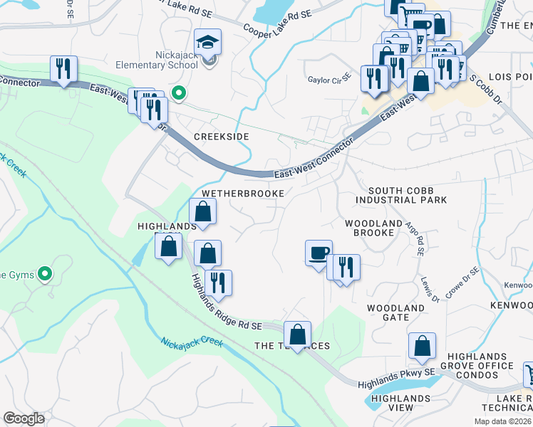 map of restaurants, bars, coffee shops, grocery stores, and more near 4821 Edinburgh Drive in Smyrna