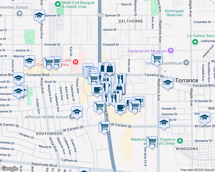 map of restaurants, bars, coffee shops, grocery stores, and more near 21250 Hawthorne Boulevard in Torrance