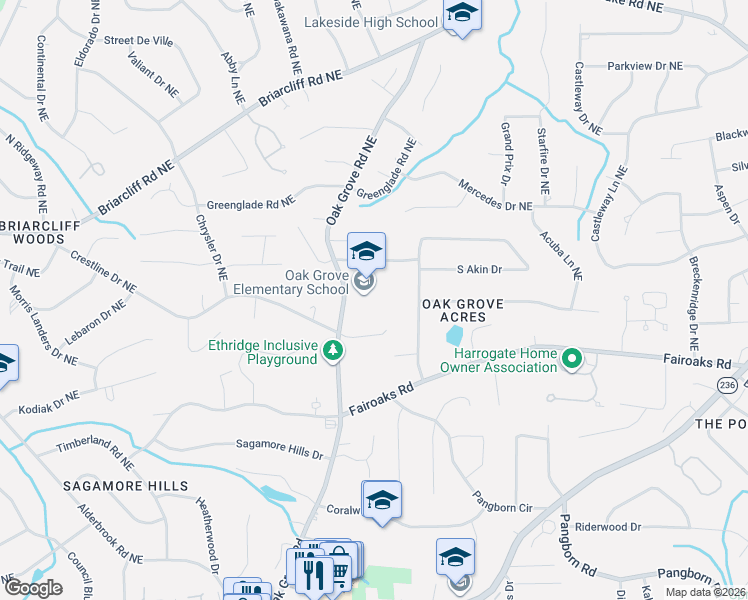 map of restaurants, bars, coffee shops, grocery stores, and more near 1857 Oak Grove Road Northeast in Atlanta