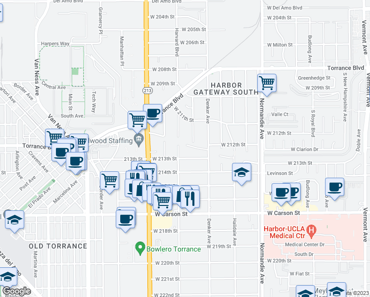 map of restaurants, bars, coffee shops, grocery stores, and more near 1528 West 212th Street in Torrance