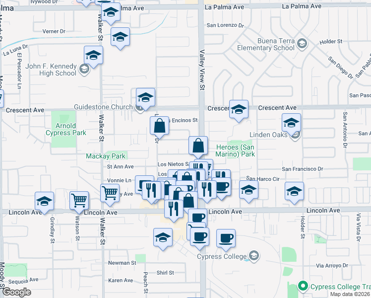 map of restaurants, bars, coffee shops, grocery stores, and more near 5921 Los Ramos Circle in Buena Park