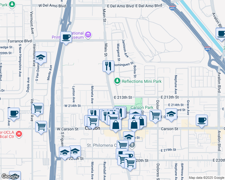 map of restaurants, bars, coffee shops, grocery stores, and more near 21249 South Main Street in Carson
