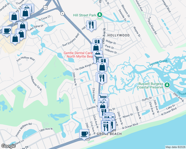 map of restaurants, bars, coffee shops, grocery stores, and more near 2305 Tortuga Lane in North Myrtle Beach