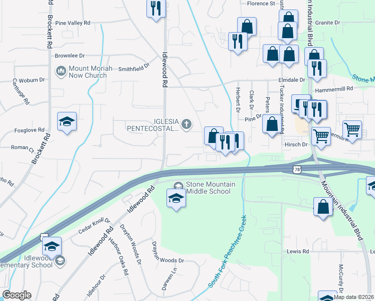 map of restaurants, bars, coffee shops, grocery stores, and more near 4368 Idlewood Lane in Tucker