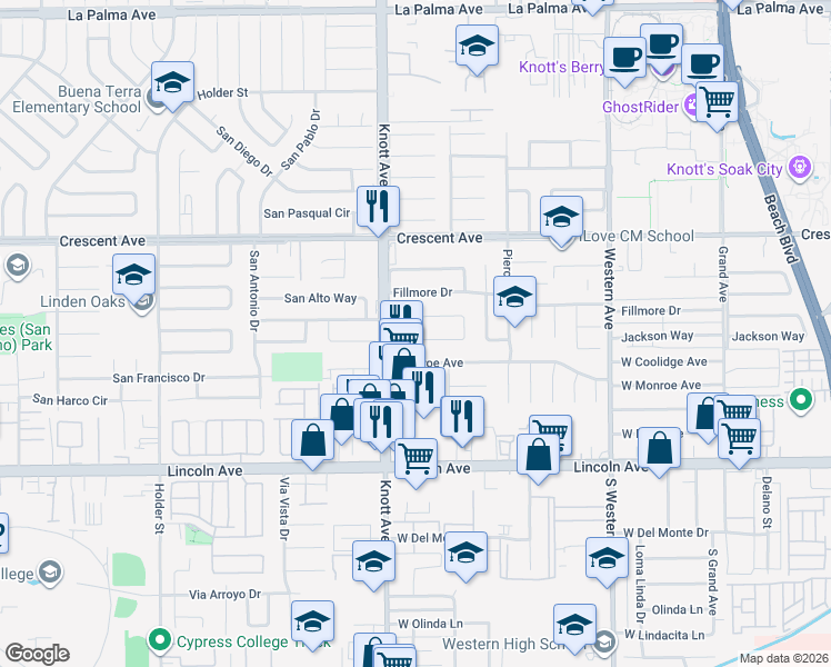 map of restaurants, bars, coffee shops, grocery stores, and more near in Buena Park