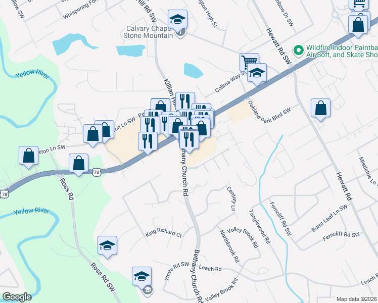 map of restaurants, bars, coffee shops, grocery stores, and more near 2226 Bethany Church Road in Snellville