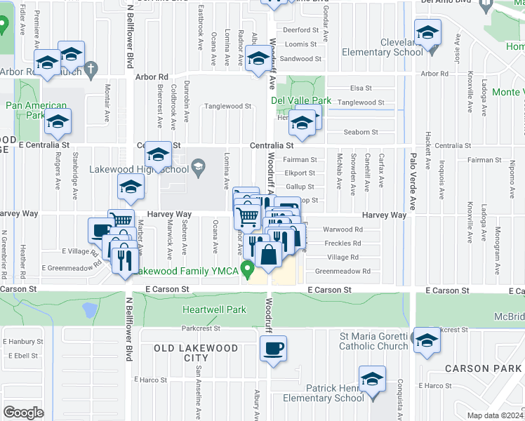 map of restaurants, bars, coffee shops, grocery stores, and more near 4303 Woodruff Avenue in Lakewood