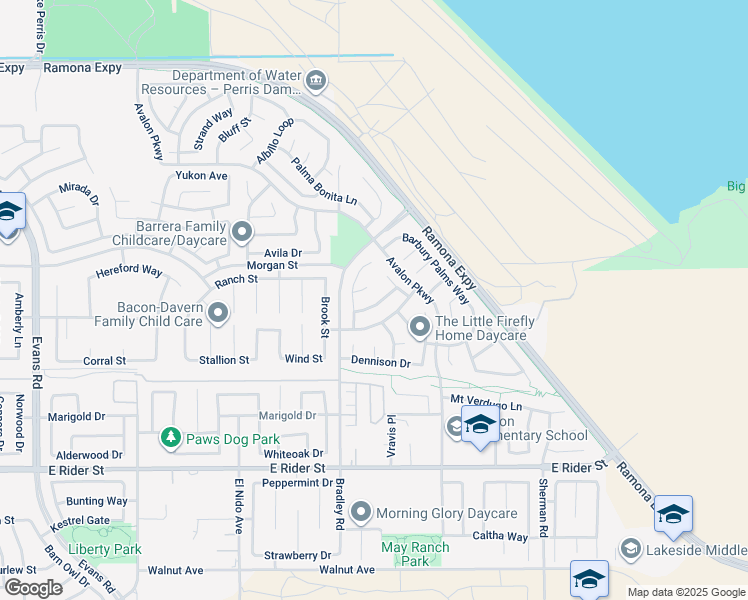 map of restaurants, bars, coffee shops, grocery stores, and more near 3816 Bella Torre Road in Perris