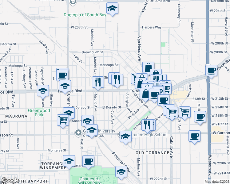 map of restaurants, bars, coffee shops, grocery stores, and more near 1229 Portola Avenue in Torrance