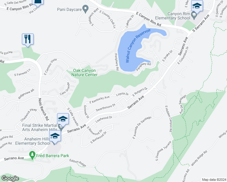 map of restaurants, bars, coffee shops, grocery stores, and more near 6811 East Kentucky Avenue in Anaheim
