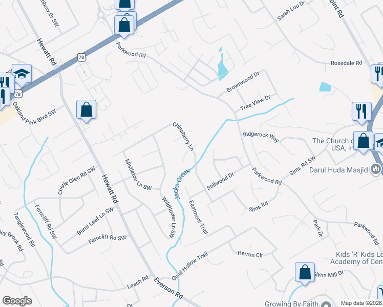 map of restaurants, bars, coffee shops, grocery stores, and more near 3550 Baywater Trail Southwest in Snellville