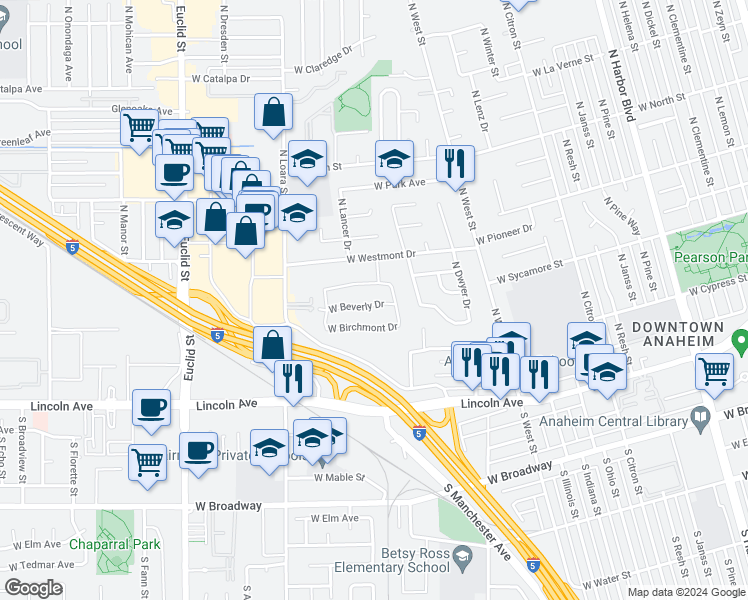 map of restaurants, bars, coffee shops, grocery stores, and more near 1421 West Beverly Drive in Anaheim