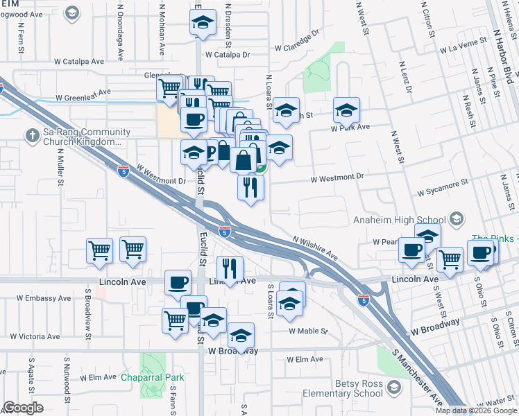 map of restaurants, bars, coffee shops, grocery stores, and more near 440 North Euclid Street in Anaheim
