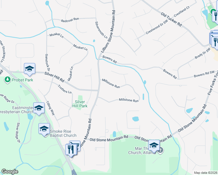 map of restaurants, bars, coffee shops, grocery stores, and more near 5854 Millstone Run in Stone Mountain