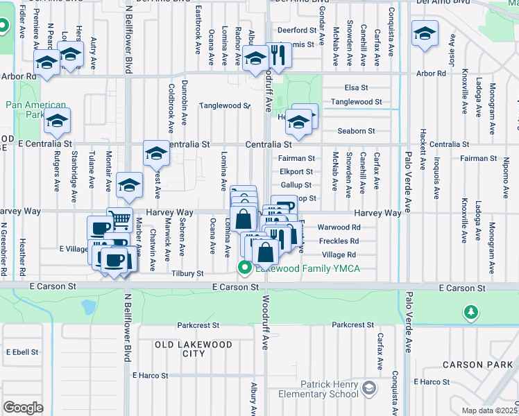 map of restaurants, bars, coffee shops, grocery stores, and more near 4303 Woodruff Avenue in Lakewood