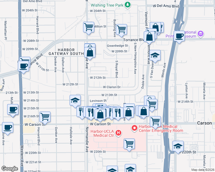 map of restaurants, bars, coffee shops, grocery stores, and more near 1132 West 212th Street in Torrance