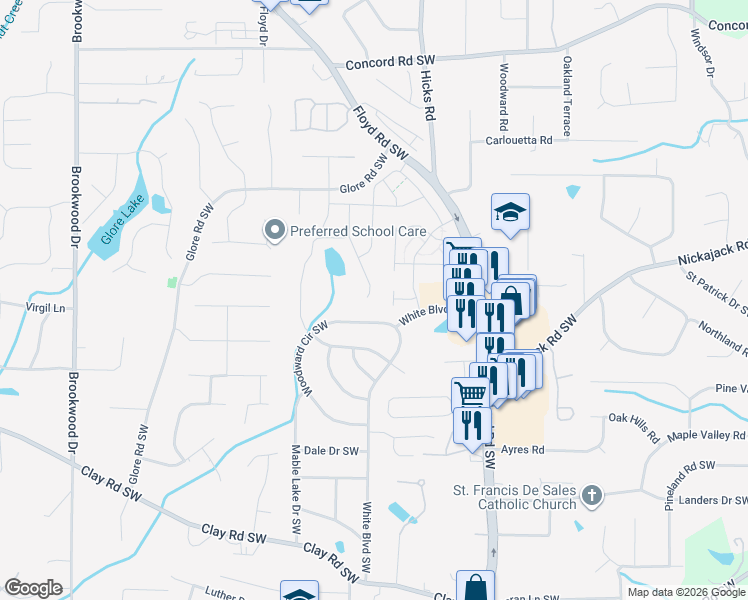 map of restaurants, bars, coffee shops, grocery stores, and more near 4893 Conductor Way Southwest in Mableton