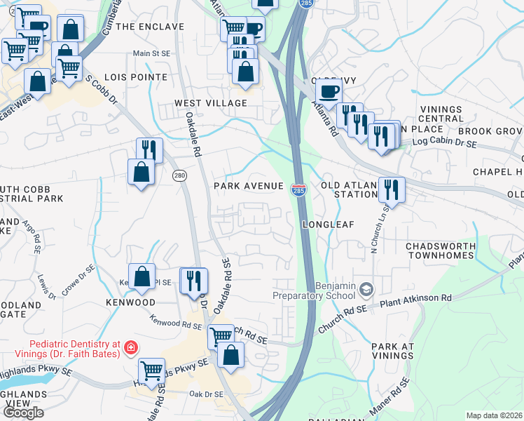 map of restaurants, bars, coffee shops, grocery stores, and more near 2470 Natoma Court Southeast in Smyrna