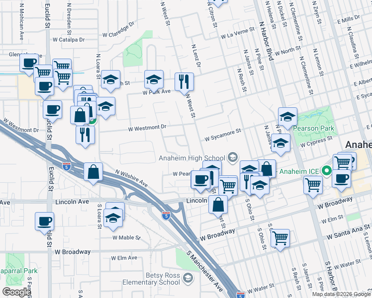 map of restaurants, bars, coffee shops, grocery stores, and more near 1200 West Rowan Street in Anaheim