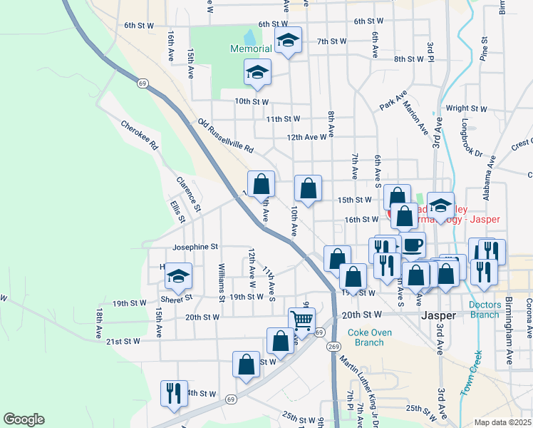 map of restaurants, bars, coffee shops, grocery stores, and more near 1701 11th Avenue in Jasper