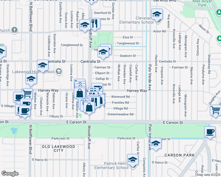 map of restaurants, bars, coffee shops, grocery stores, and more near 6023 Harvey Way in Lakewood